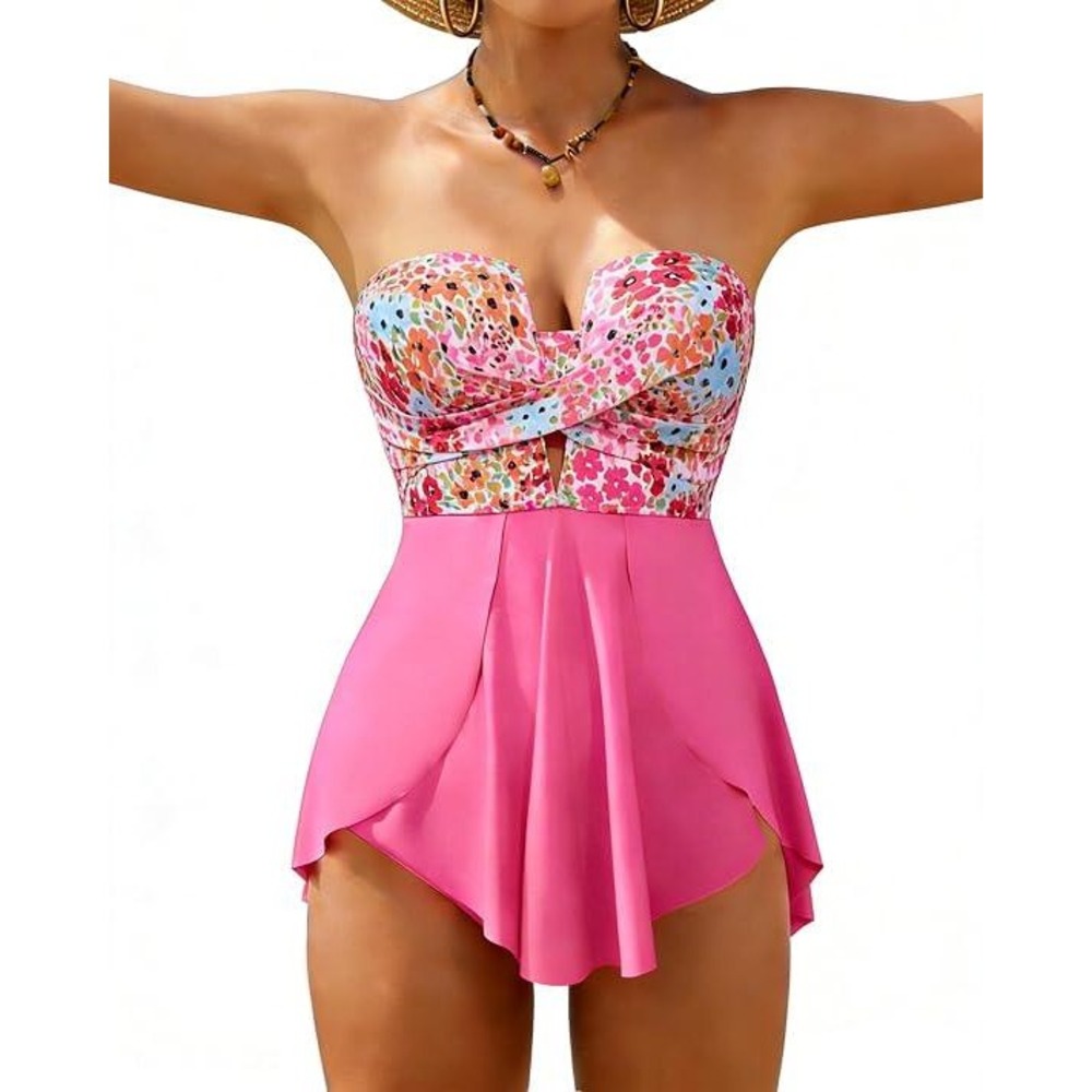 Floral Pink Skirted Swimdress One Piece Tummy Control Swimsuit Size Small